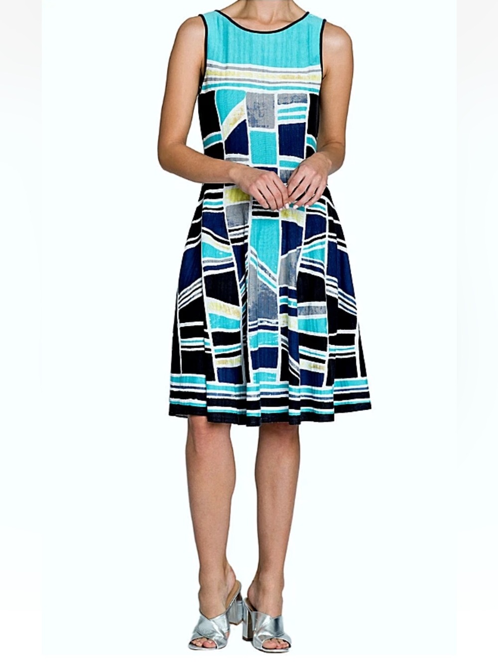NIC+ZOE Blue Geometric Print Sleeveless Fit & Flare Knit Dress Size 3X